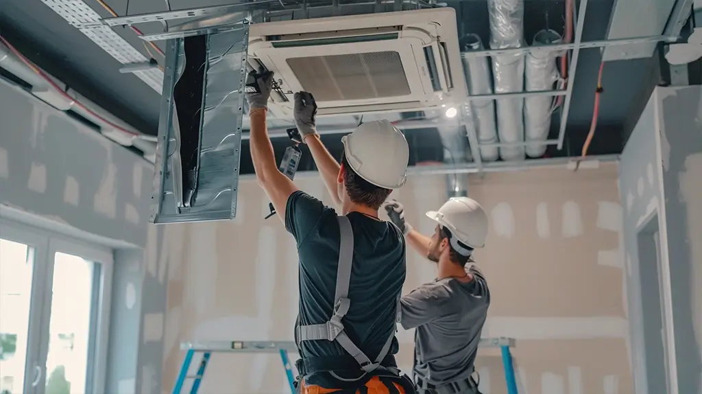 Ekipa montująca urządzenie klimatyzacyjne, fot. Elektro-Bud Pro